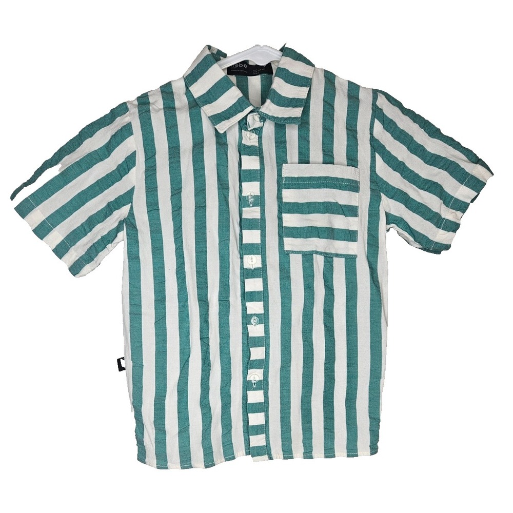 Hebe Boys Striped Button Up Shirt Green White Short‎ Sleeve Casual Summer